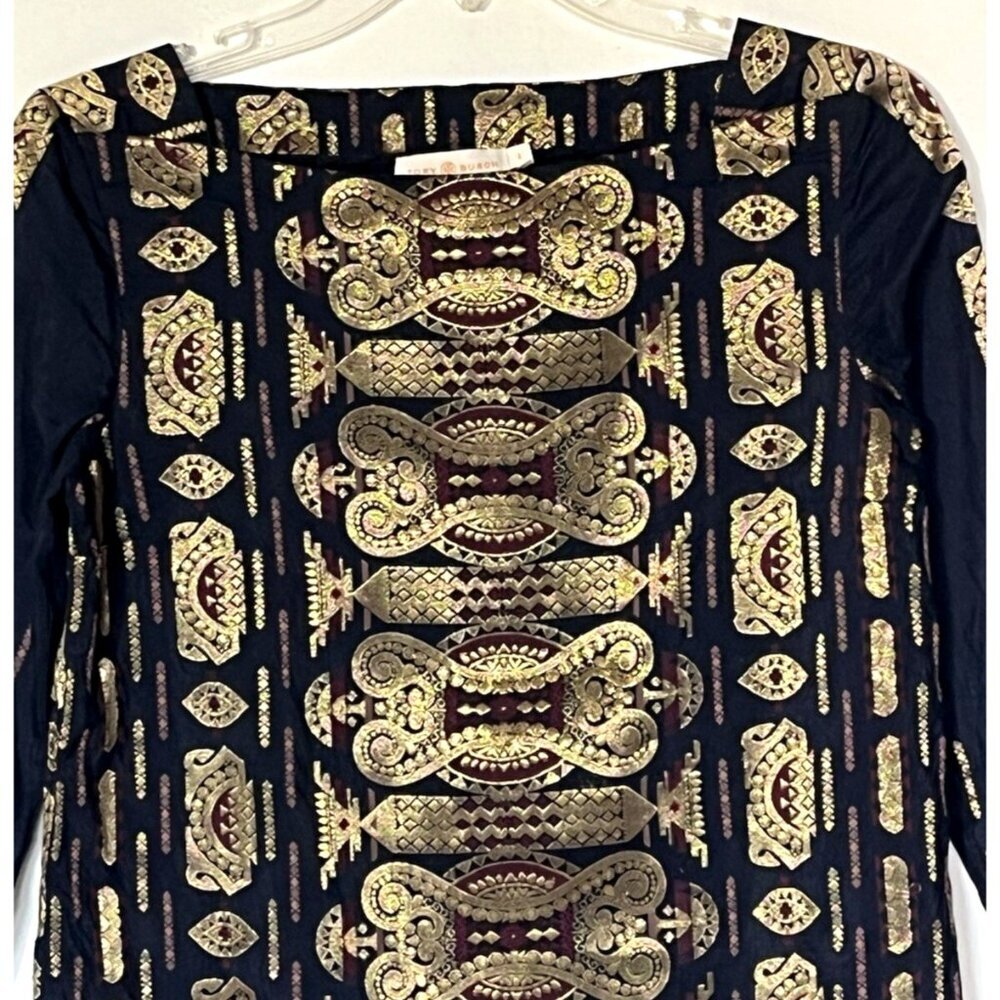 Tory Burch Gold Navy Metallic Jacquard Blouse Tunic Top - Authentic! - Picture 7 of 11